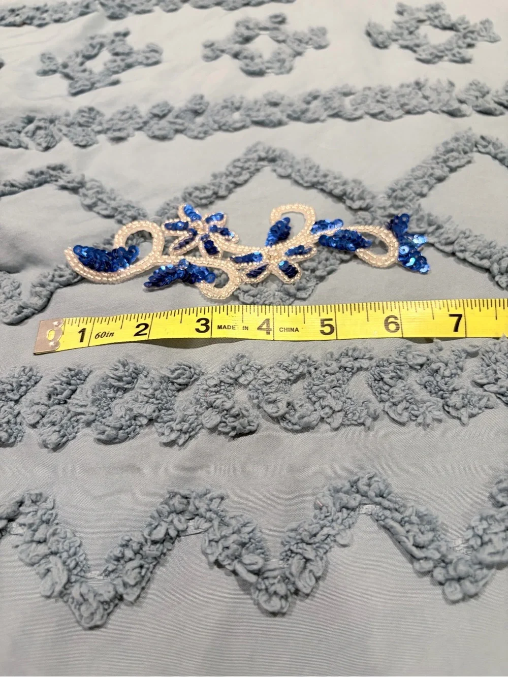 Blue & White Sequin Floral Beaded Lace Appliqué Trim | 6” Embellishment